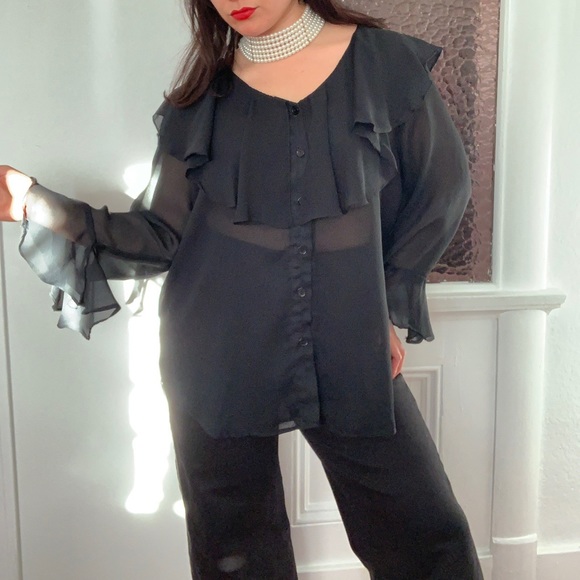 Vintage Black Ruffle Sheer Blouse - Picture 4 of 4